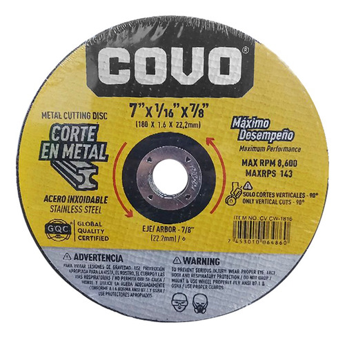 Disco De Corte Extra Fino 7  X 1/16  X 7/8  Cv-cw-1816 Covo