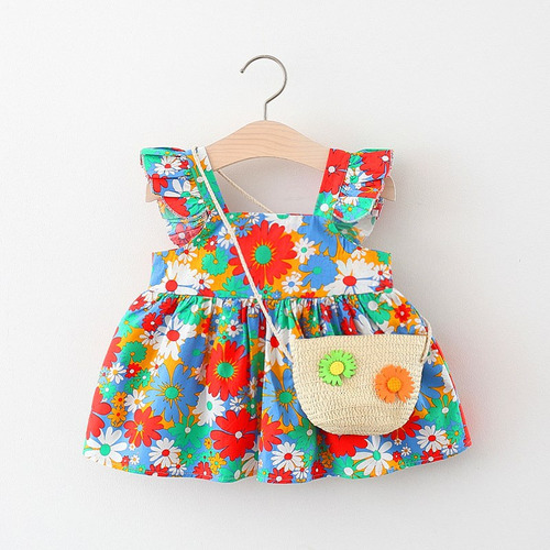 Lindo Vestido De Playa Estampado Para Niños Con Bolsa