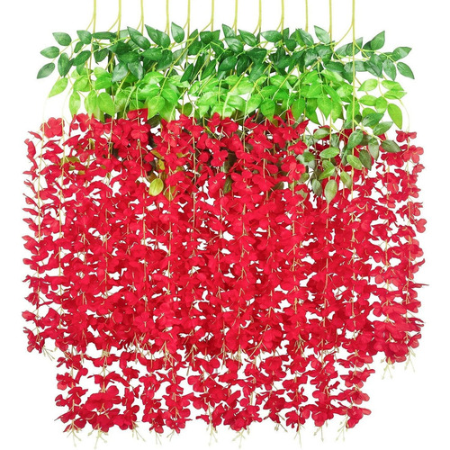 Flores Artificiales De Glicina De 12 Piezas,plantas Artificiales De Wisteria Colgantes De 110cm , Flores Artificiales Colgantes Decoración Para Hogar, Para Boda,jardín,exterior Para El Hogar.(rojo)