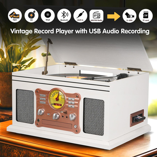Tocadiscos Bluetooth Vintage 10 En 1 Madera Blanca