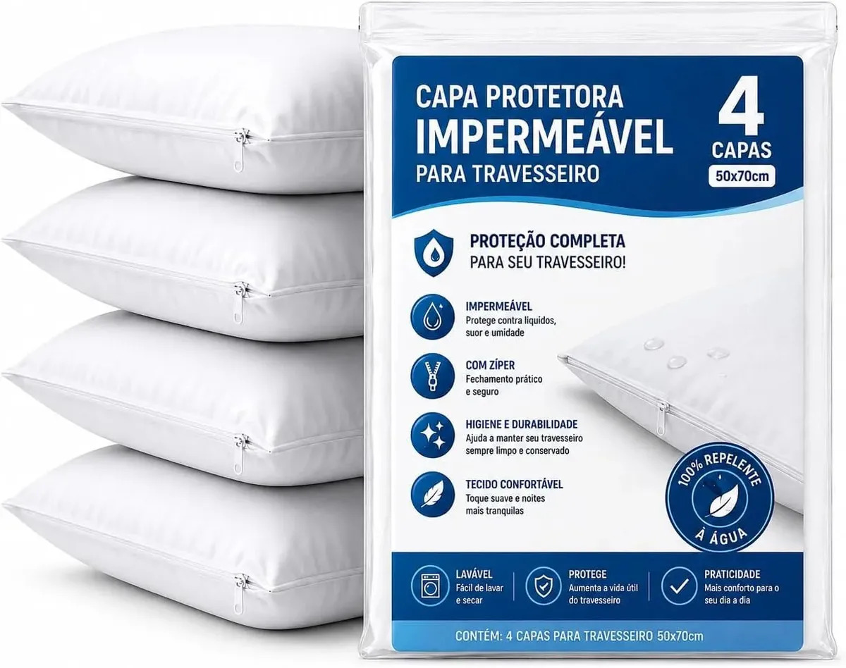 Kit 4 Capas Protetoras de Travesseiro 50x70cm 300 Fios Fronhas Impermeáveis e Antialérgicas com Zíper – Proteção Contra Ácaros e Líquidos – Cor Branco, Conforto e Durabilidade Linh