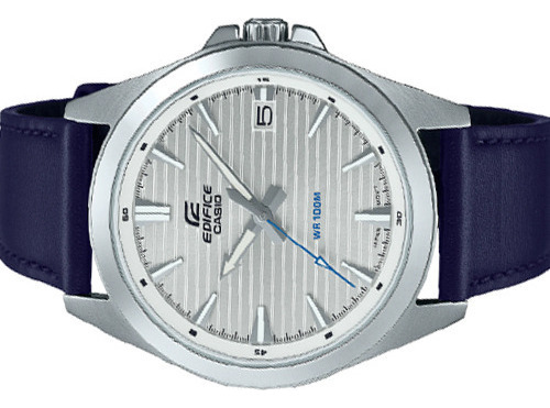 Reloj Casio Edifice EFV-140L-7av para hombre, color de correa azul oscuro, color de bisel plateado, color de fondo blanco
