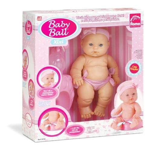 Boneca Bebê Baby Ball Xixi C/ Mamadeira E Troninho - Roma