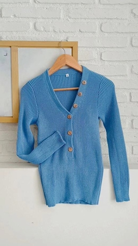 Saco Tejido Azul Cuello En V Sweater Elegante