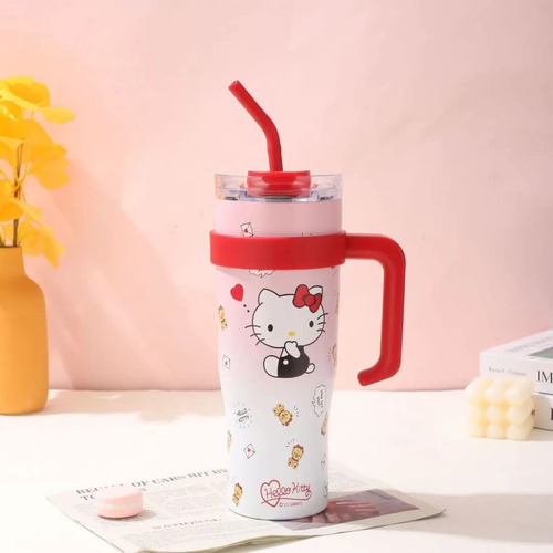 Vaso Térmico Kuromi Kawaii Grande 1200 Ml Rojo Kitty