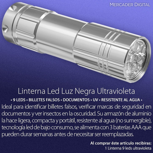 3 Pzs Linterna Uv Luz Negra Ultravioleta Lámpara 9 Leds