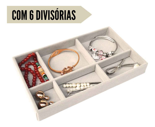 Kit 3 Organizador E Porta Joias Com Divisórias Em Veludo Cor Bege