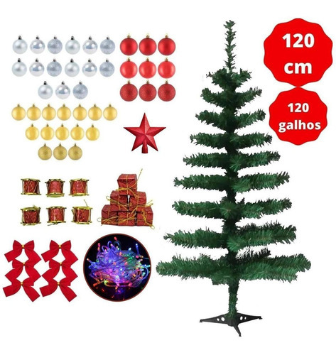 Árvore Natal Verde Decorada 1,20m 65 Enfeite Pisca 110v
