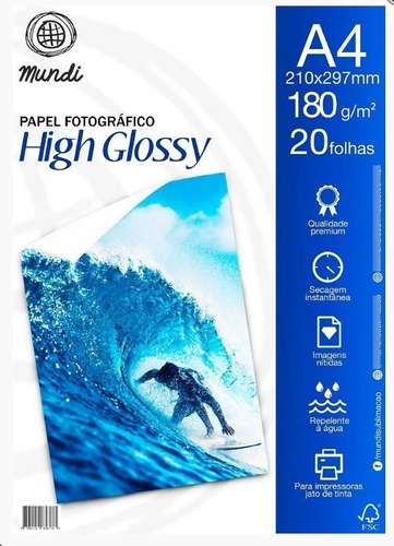 Papel Fotográfico A4 Glossy 180g 100 Fls Resistente A Água