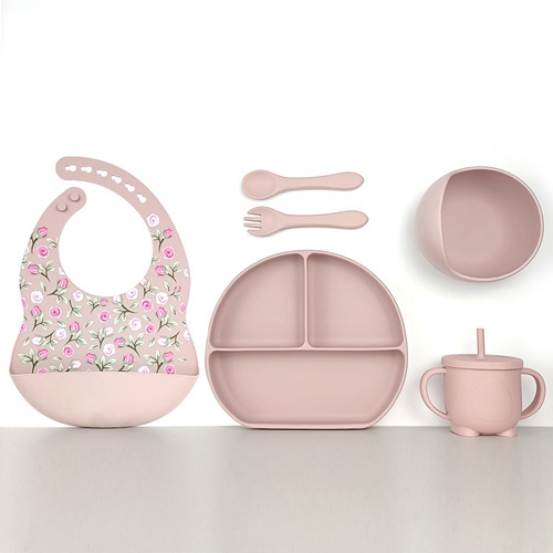 Set De Vajilla Silicona Sin Bpa Succión Plato Babero