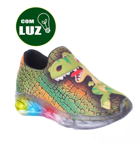 Tenis Luz Led Dinossauro T Rex Calce Fácil Infantil Menino