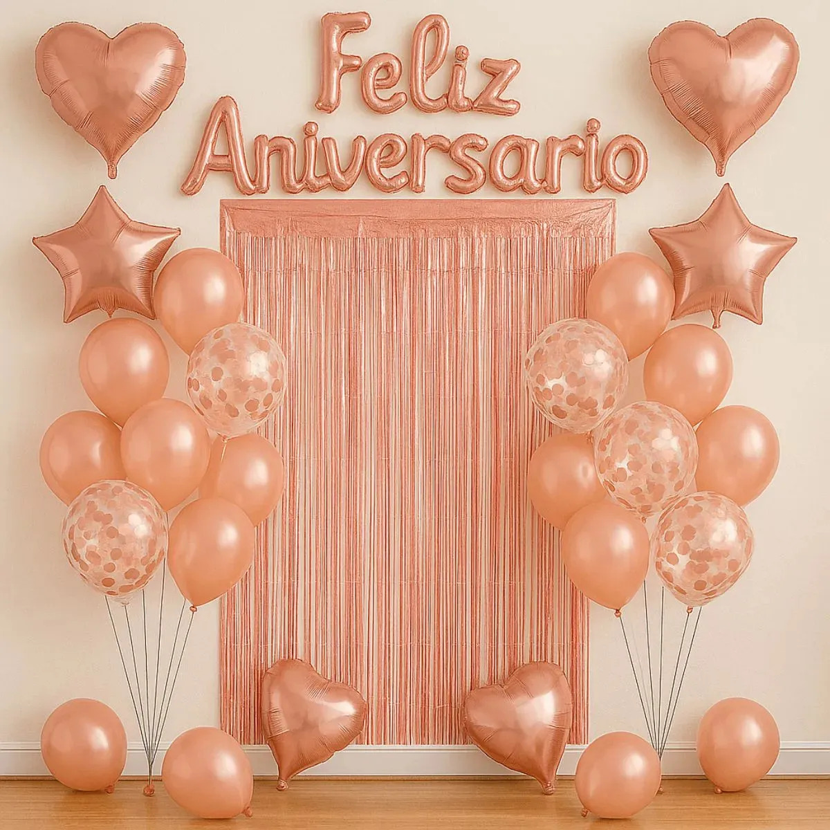 Kit Balão Feliz Aniversário Decoração Festa Cortina E Faixa Rose Gold