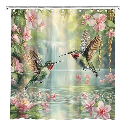 Cortina De Ducha Floral Con Colibrí Primaveral, Rosada Flora