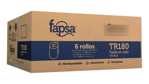 Toalla Rollo Fapsa Tr180 6 Rollos 180 Mts C/u Hoja Sencilla