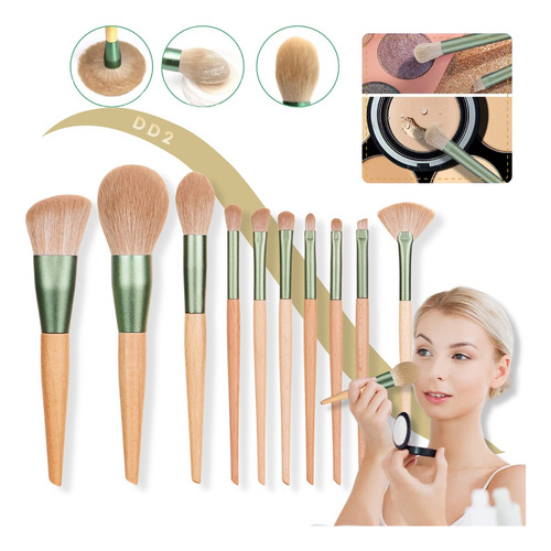 Set Brochas X10 Maquillaje Mango Madera Profesional Completo