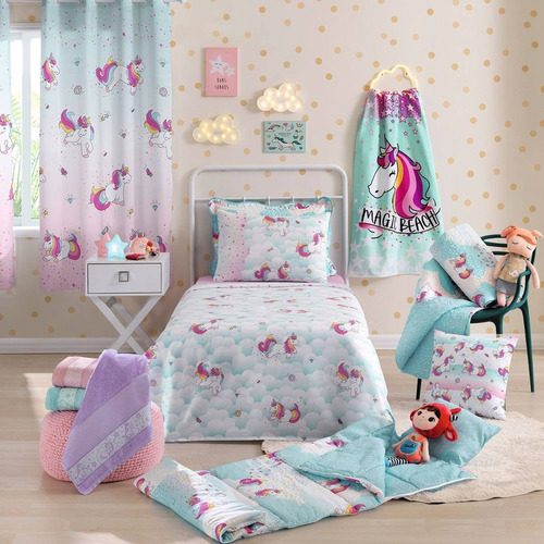 Kit Infantil Menina Unicórnio Colcha + Jogo D Cama + Cortina