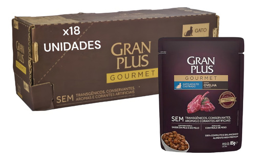 18un Ração Úmida Granplus Gourmet Gatos Castrados Ovelha 85g