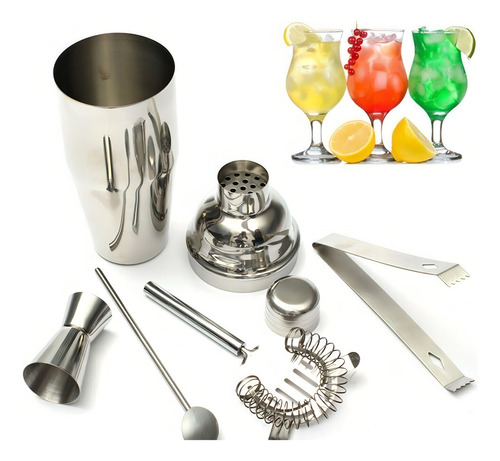 Set De Barman Coctelera 5 Piezas + Base Madera Profesional