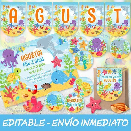 Kit Imprimible Animales Del Mar Marinos Editable Candy Bar 