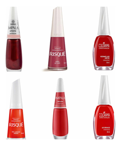 Kit C/06 Esmaltes Vermelho Risque Colorama Impala Cor Vermelho Ivete, 40 Graus, Sol Laranja que Anima, Grão de café, Atração, Amante