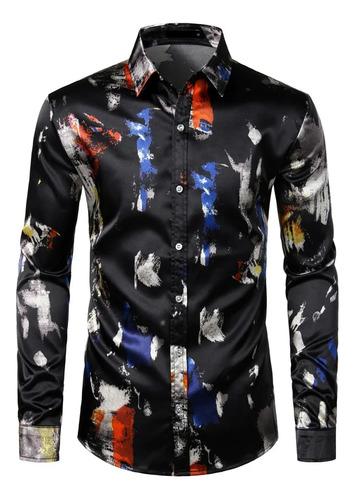 Camisa De Satén De Seda Con Plumas Para Hombre, Manga Larga,