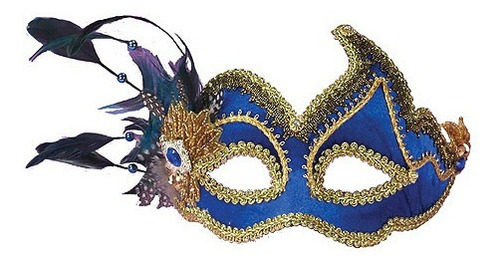Máscara Veneciana Azul Con Plumas Para Mujer Accesorio De