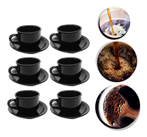 Imagem 1 de 7 de Jogo De Xícaras De Cafe Chá 12pçs Preta Com Pires Ceramica