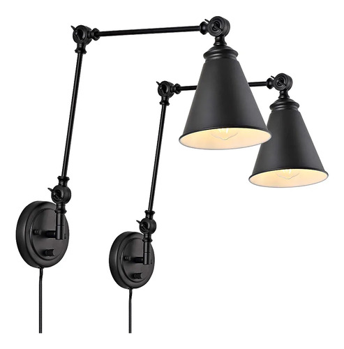 2 Lámparas De Pared Con Brazo Oscilante Industrial Negro