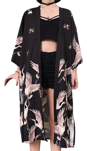 Haori Kimono Largo Japonés Kawaii Tsuru Grullas