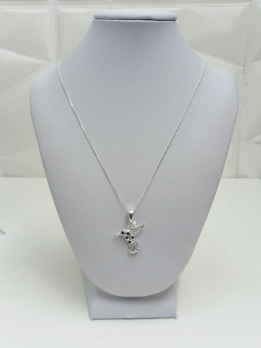 Collar Colgante Colibrí Circon Negro En Plata 925 Mas Caja
