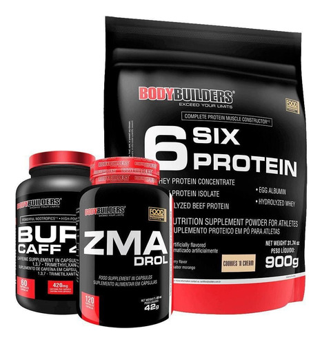 Kit 6 Six Protein + Zma Drol + Burn Caff - Bodybuilders Sabor Cookies & Cream