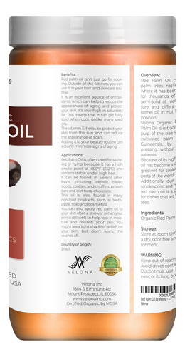 Aceite De Palma Velona Usda Certificado Orgánico, 946 Ml, Ex