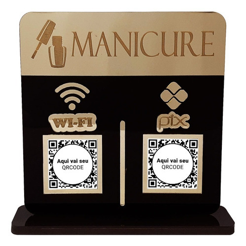 Placa Display 2 Qrcode Pix E Wi-fi Acrílico Dourado E Preto Cor Manicure