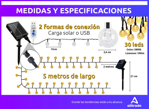 Guirnalda 30 Luces Exterior Panel Solar Control Remoto Usb Color de las luces Cálida