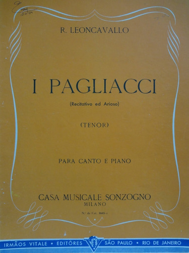 Partitura Canto Tenor Piano I Pagliacci R. Leoncavallo