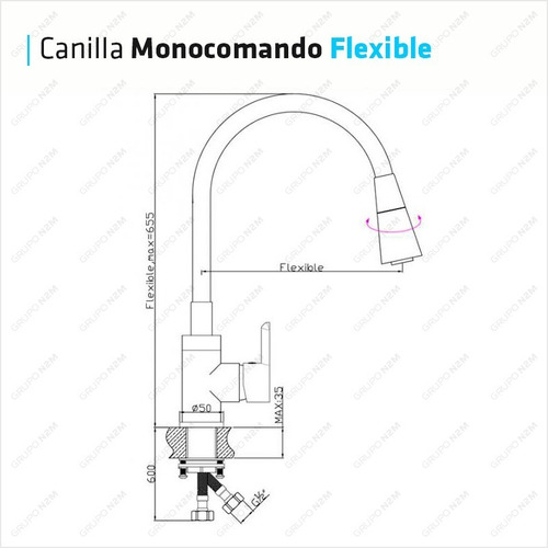 Imagen 5 de 10 de Griferia Canilla Monocomando Acero Gourmet Pico Flexible