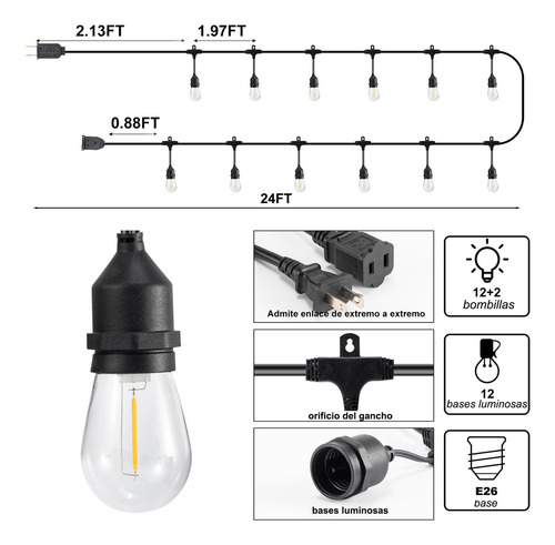 Led Guirnalda De Luces 12+2 Focos Exterior Impermeable 7.5m Luces Blanco