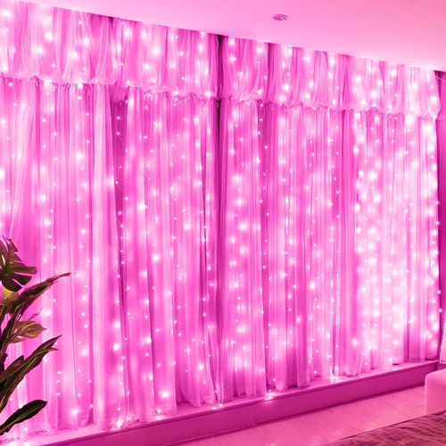 Cortina Led Decoração 3x3m Duplo Volt + 300 Un Led Luzes Rosa