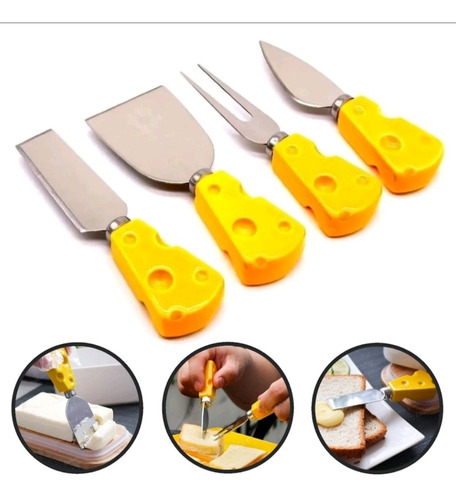Imagem 8 de 10 de Jogo 4 Pc Para Queijo Facas Espátula Garfo Formato Queijo
