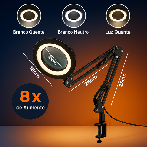 Lupa Com Led De Bancada Lente Monofocal Com Aumento De 8d