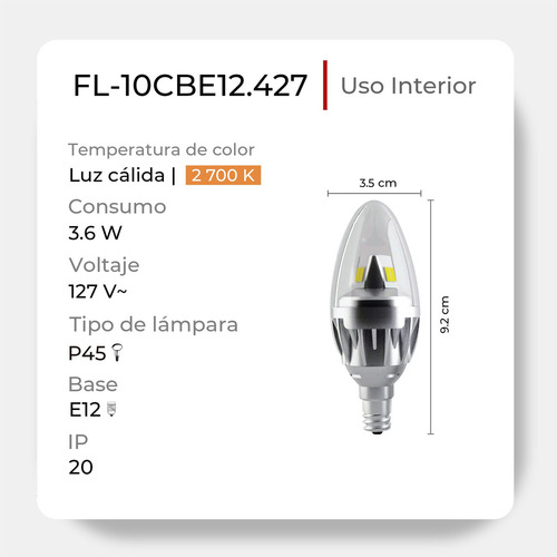 Foco Tipo Vela Led P45 E12 3.6 W 127 V~ Luz Cálida (2 700 K) Illux FL-10CBE12.427