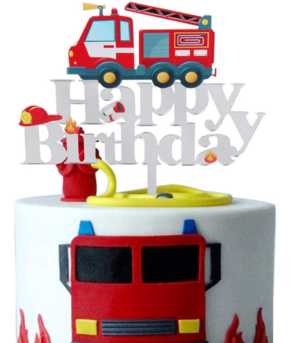 Carro De Bomberos Acrílico Feliz Cumpleaños Cake Topper Fire