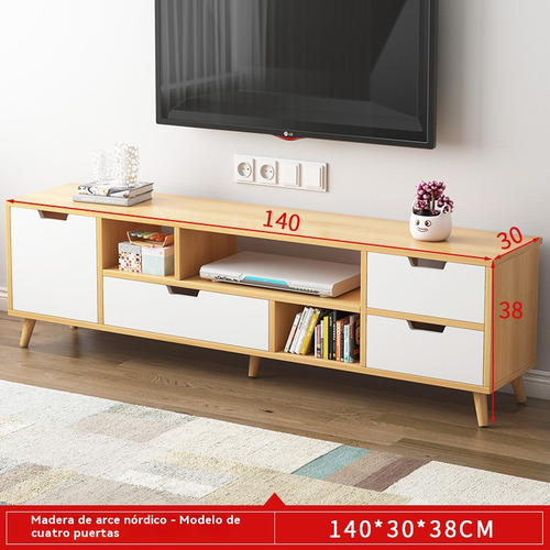 Mueble Tv Nórdico 140cm - 4 Puertas + 3 Estantes Abiertos Color Roble+blanco