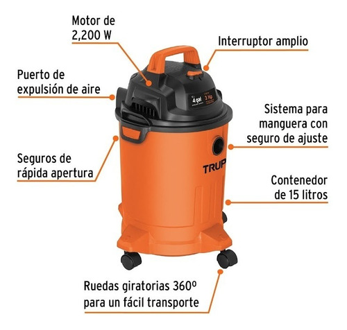 Imagen 2 de 4 de Aspiradora De tacho Truper ASP-04 15L naranja 127V 60Hz