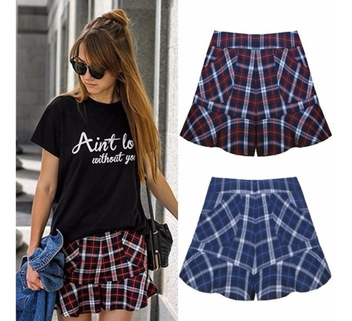 Tsuki Moda Japonesa: Shorts Tipo Falda Cuadros Sexy Casual