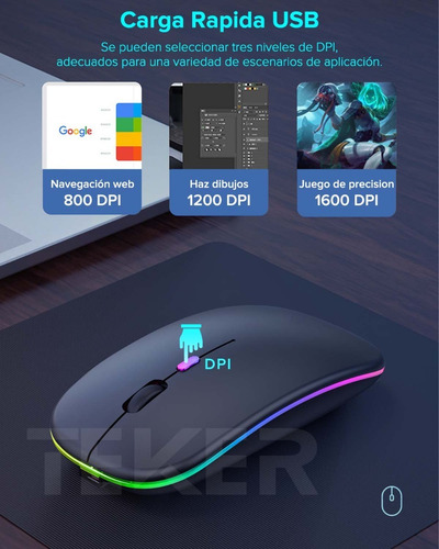 Imagen 8 de 8 de Ratón Inalámbrico 2.4g Recargable Teker Wireless Mouse