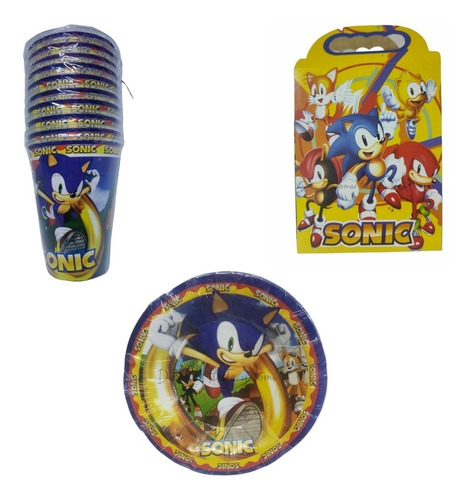 Sonic.kit Para 30 Niños.platos,vasos,caja Dulcer