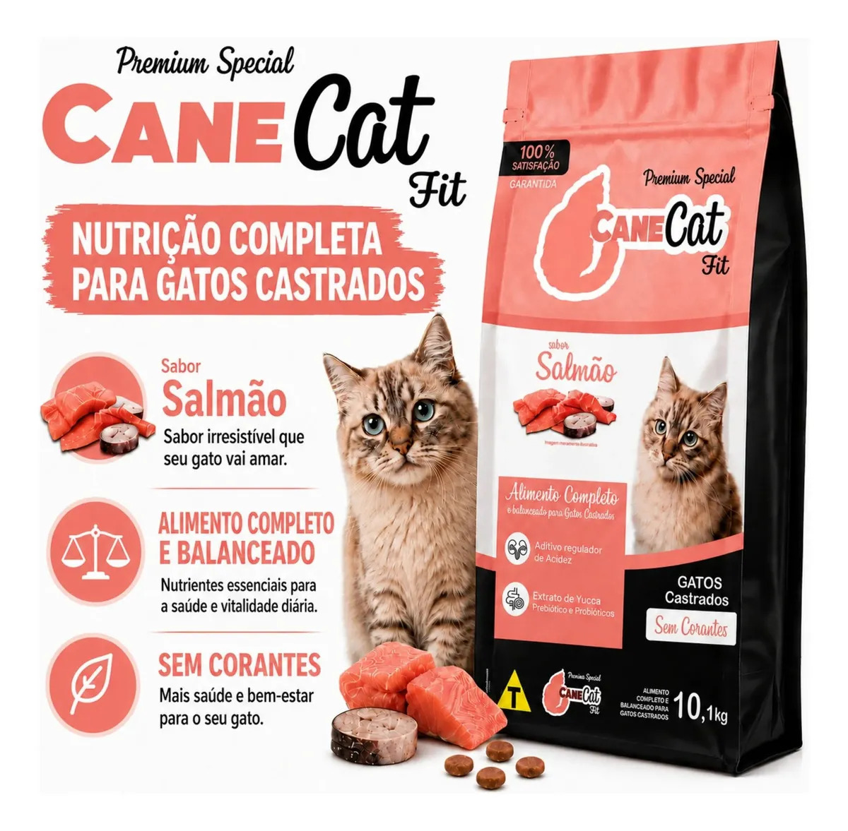 Ração Gato Castrado Fit Salmão Premium Special 10.1kg 32% Proteína Probióticos Ômega 3/6 Canecat
