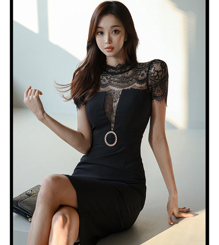 Elegante Vestido Ajustado Con Cintura De Encaje Para Mujer