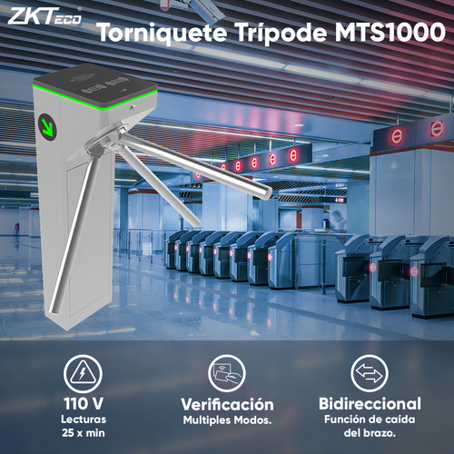 Zkteco Torniquete Bidireccional Modelo Mts1000 De Acero Sus304 / 110v / Carril 50 Cm / Lecturas 25 X Min / 2 Millones De Ciclos / Compatible Con Equipos De Rostro, Palma, Huella, Tarjeta Y Código Qr